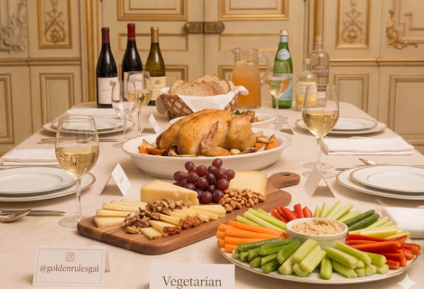 A beautifully laid dinner party table with thoughtfully prepared food, illustrating good hosting etiquette and guest comfort.