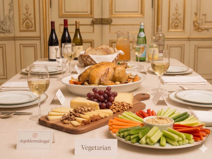 Hosting Etiquette: Dinner Party Food Do’s and Don’ts A beautifully laid dinner party table with thoughtfully prepared food, illustrating good hosting etiquette and guest comfort.